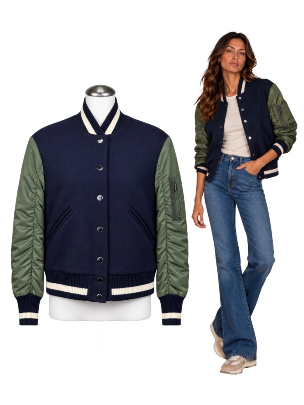 $650 VERONICA BEARD Virgin Wool Varsity Bomber Jacket Navy Army Green XS